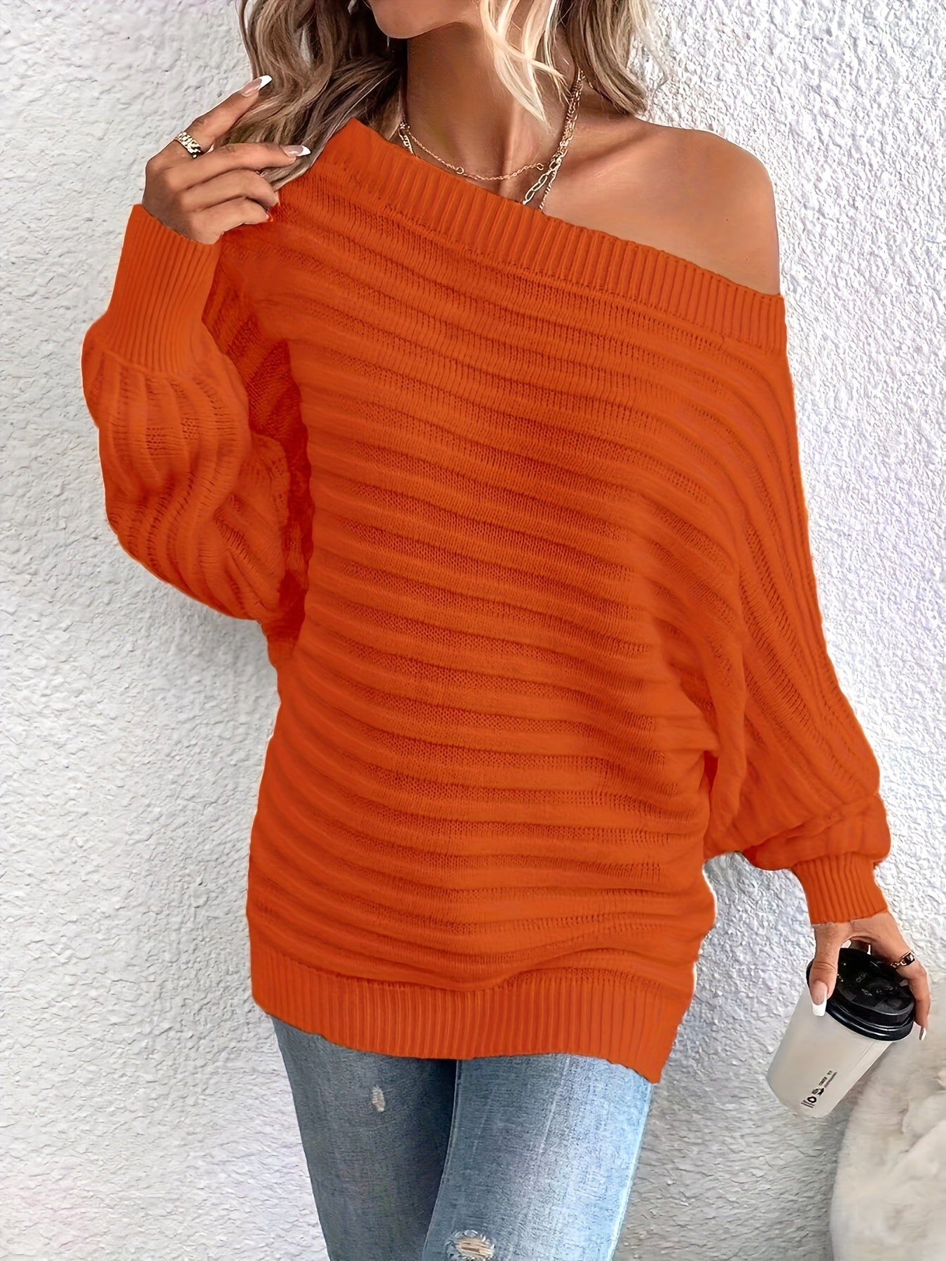 Elegant Off-Shoulder Knit Sweater for Women - Chic Solid Color, Cozy Acrylic Pullover with Lantern Sleeves, Casual & Stylish, Perfect for Fall/Winter - Hand Washable
